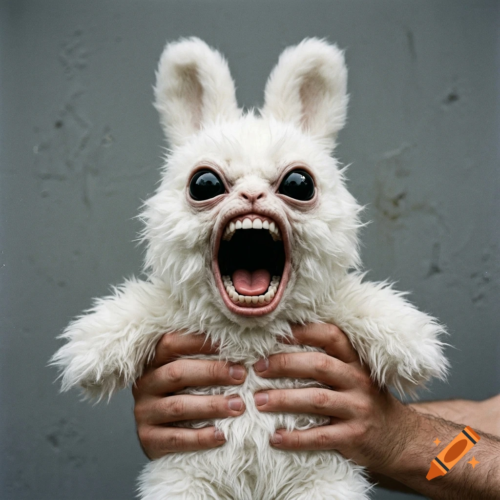 A close-up of a surreal, white fluffy creature with human-like teeth in a gaping mouth, being held by hands against a grey wall.