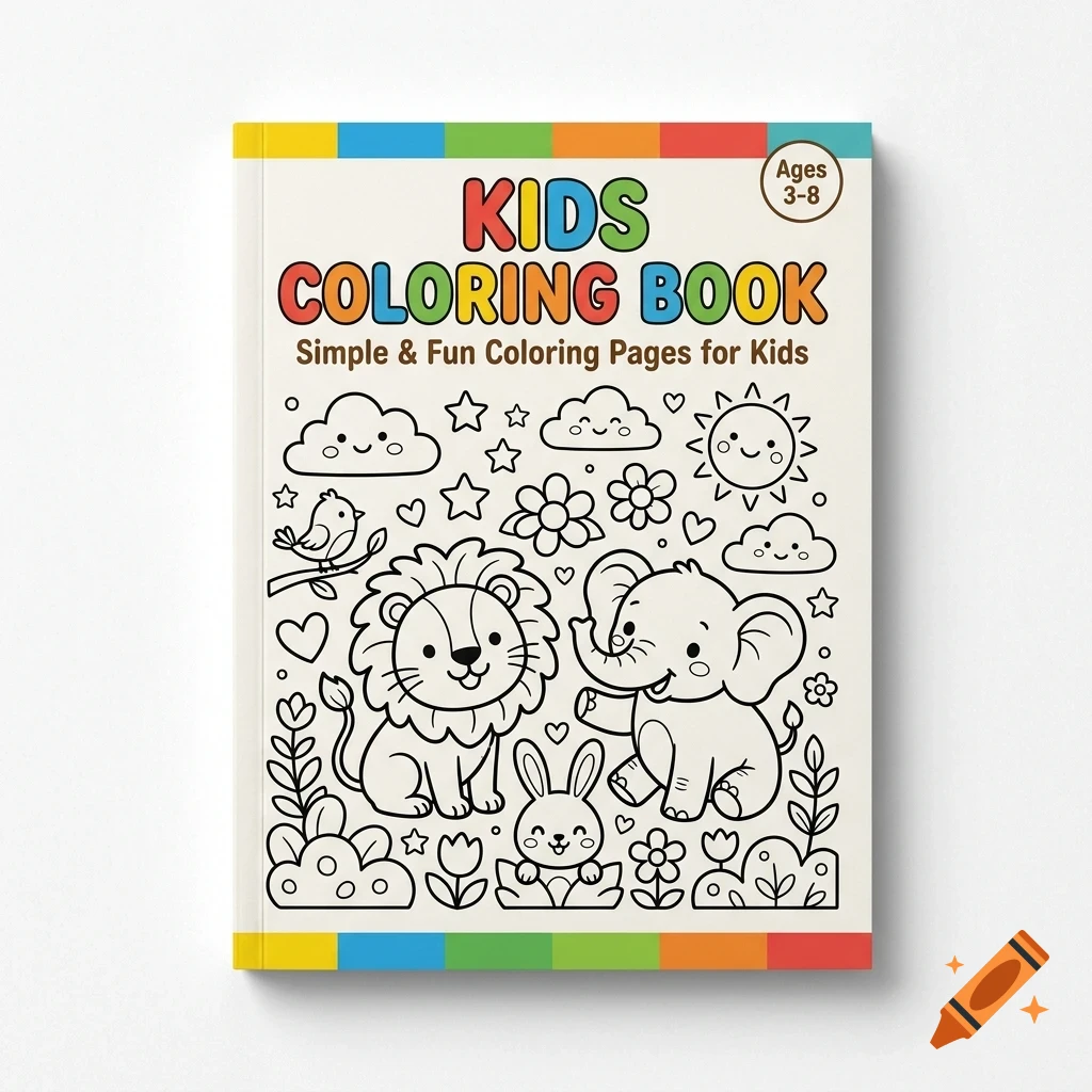 A children's coloring book with a colorful cover titled 'KIDS COLORING BOOK' featuring outline illustrations of cute animals, clouds, sun, and flowers.