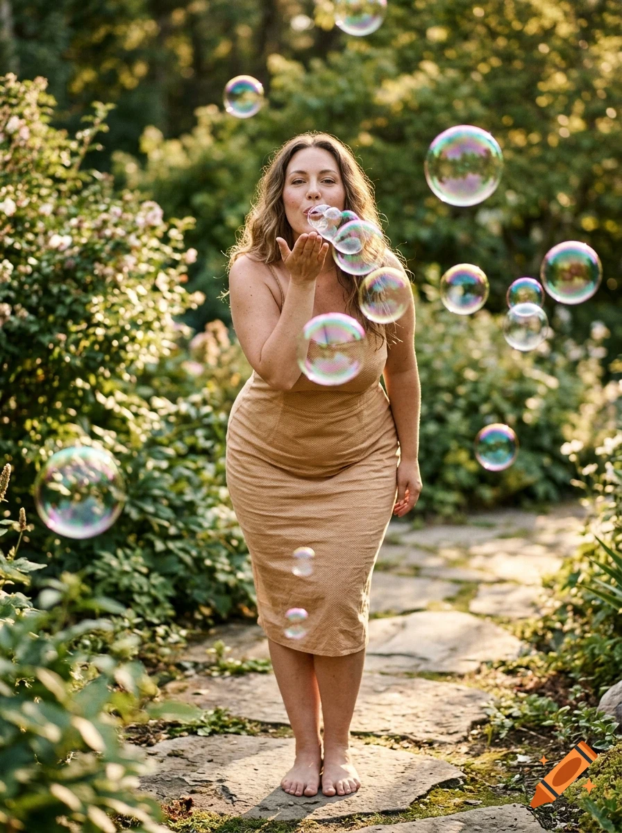 A smiling woman wearing a tan dress stands barefoot on a stone path in a garden, blowing soap bubbles into the air.