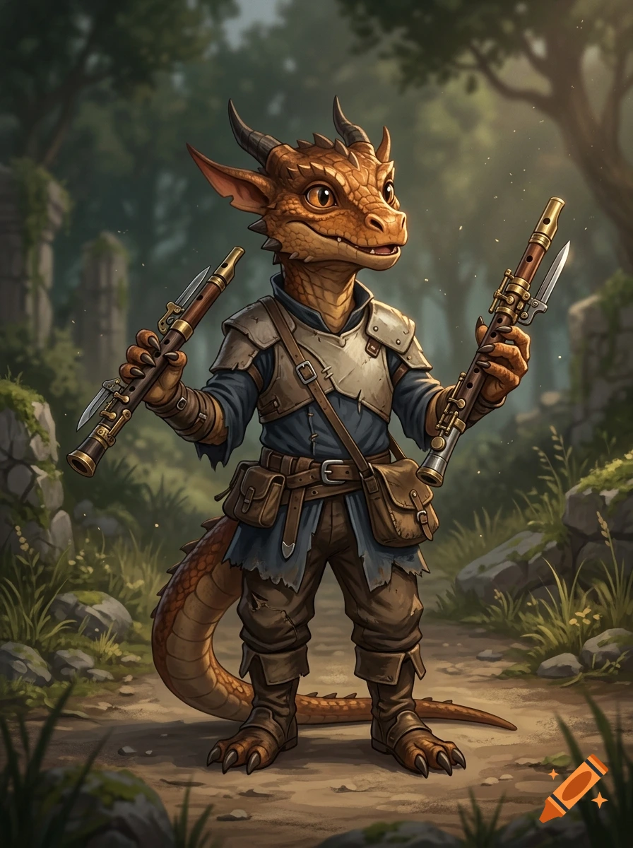 Full-body digital illustration of a small, friendly kobold bard holding two custom flutes in a forest setting.