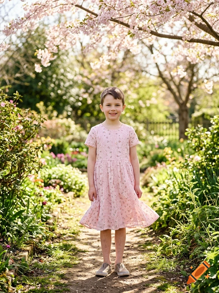 A young child wearing a pink dress stands on a garden path under blossoming trees.
