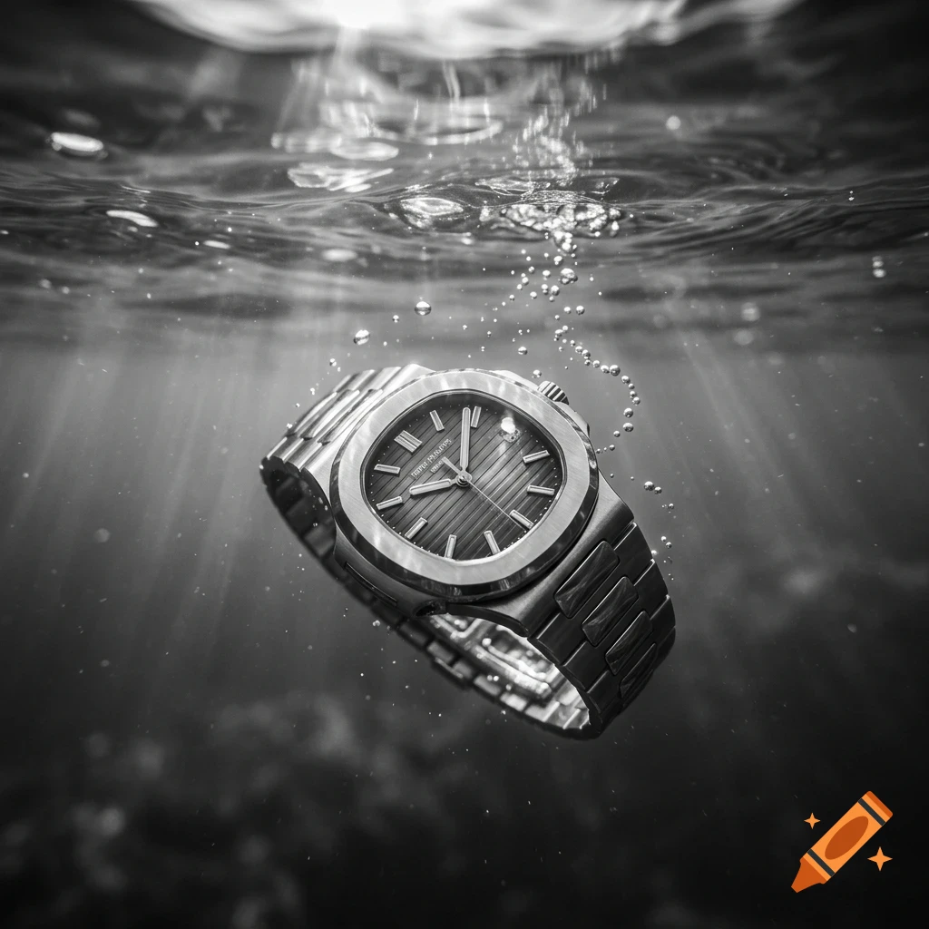 A black and white close-up photograph of a luxury metal wristwatch submerged underwater with rising air bubbles.