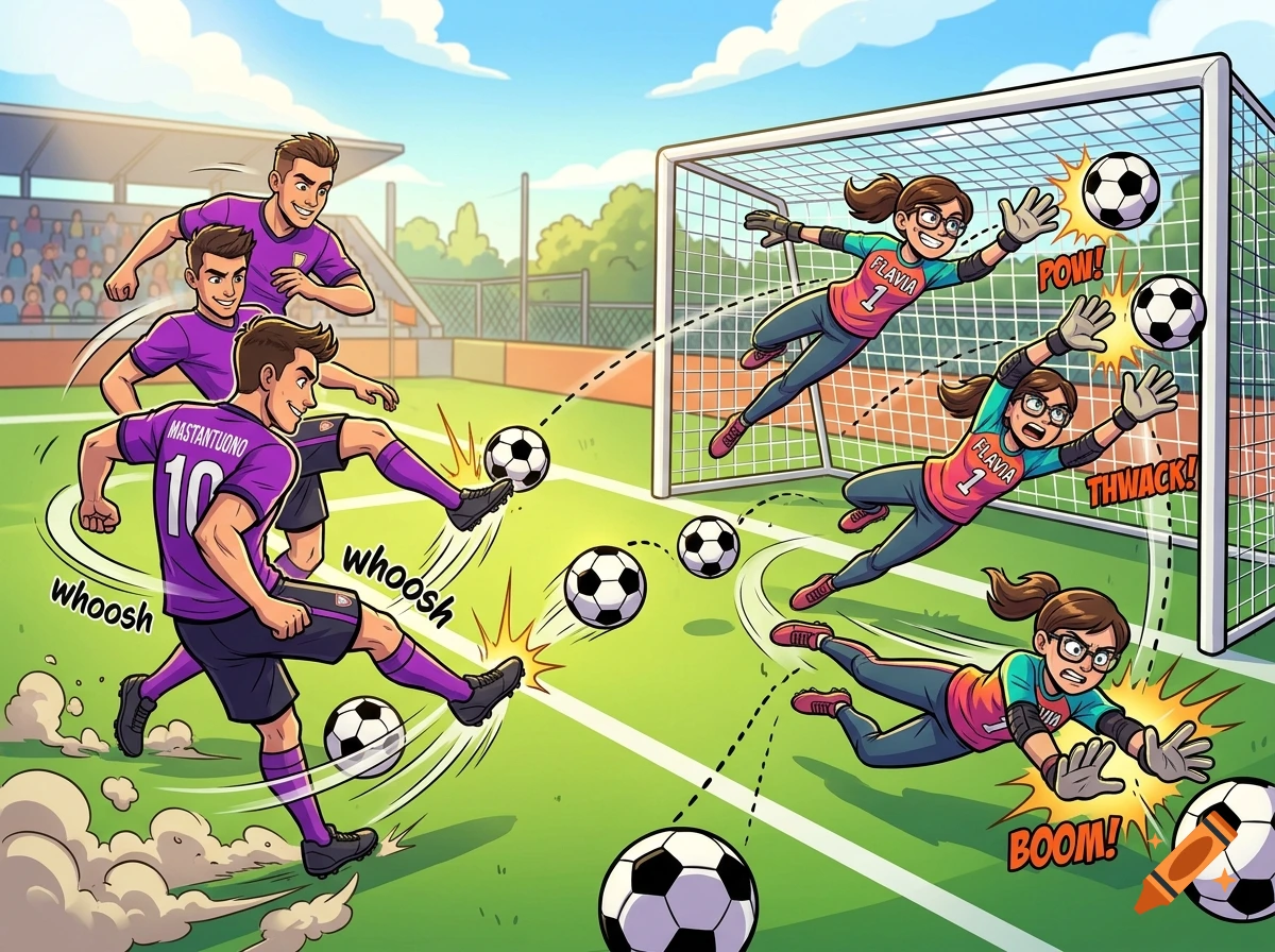 Cartoon illustration of a male soccer player kicking multiple balls toward a female goalkeeper diving to save them in a stadium.