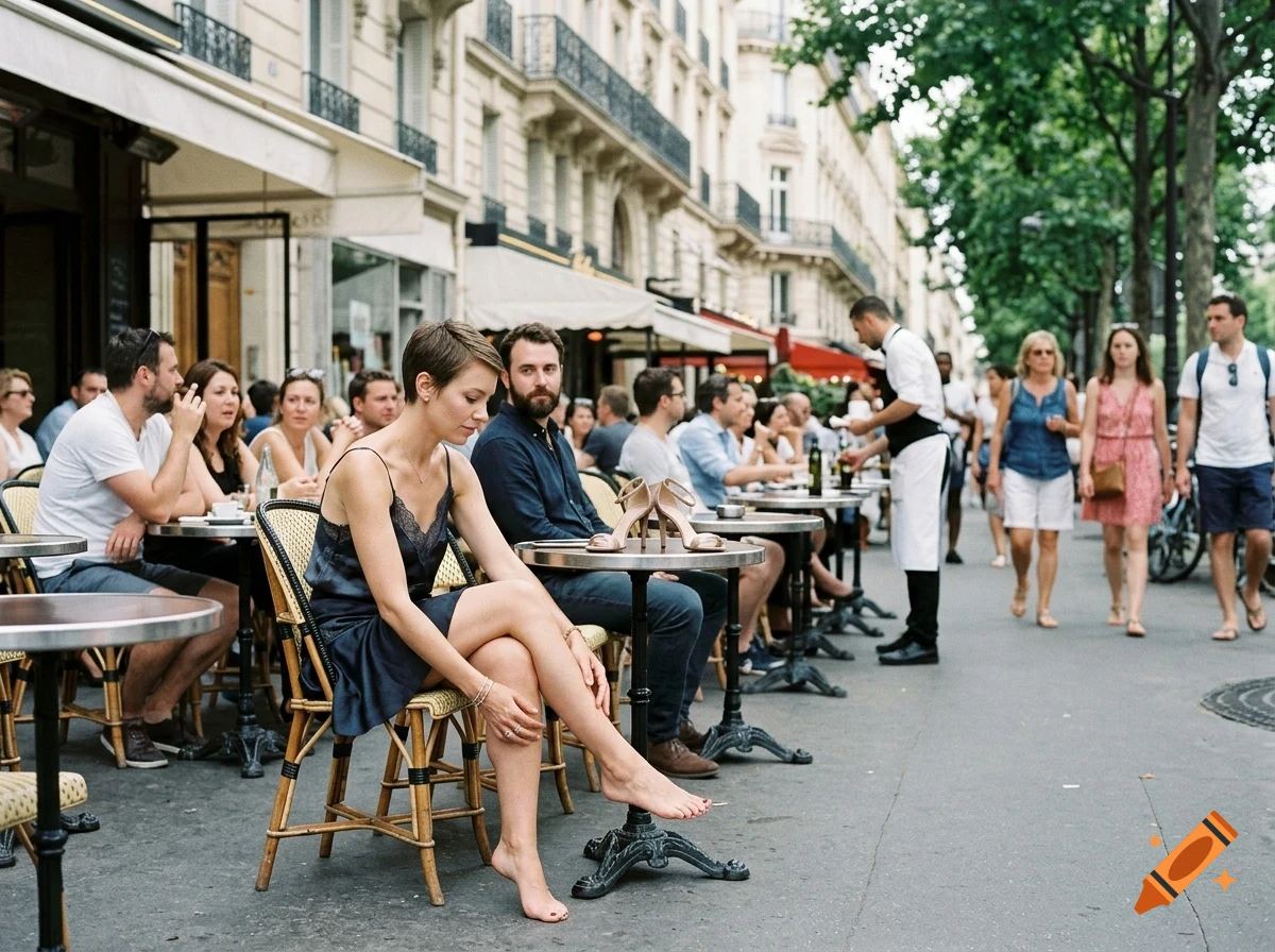A barefoot woman sits at a sidewalk cafe table in Paris, while patrons and a waiter populate the bustling street scene.