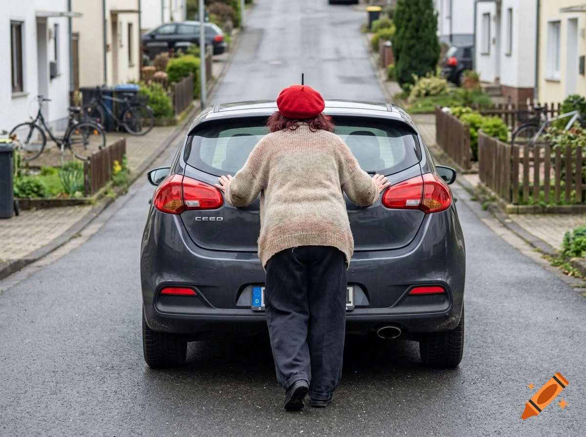 An older person wearing a red beret and sweater pushes a dark gray car up a residential street.