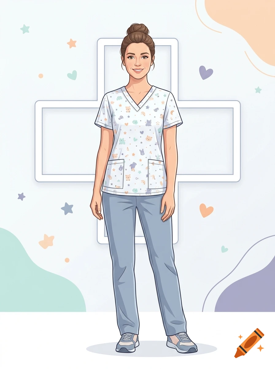 Digital illustration of a pediatric nurse in modern medical scrubs standing against a white background with a cross symbol.