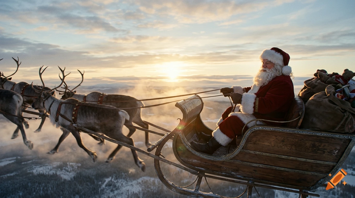 Photorealistic image of Santa Claus flying in a wooden sleigh pulled by reindeer against a sunrise sky.