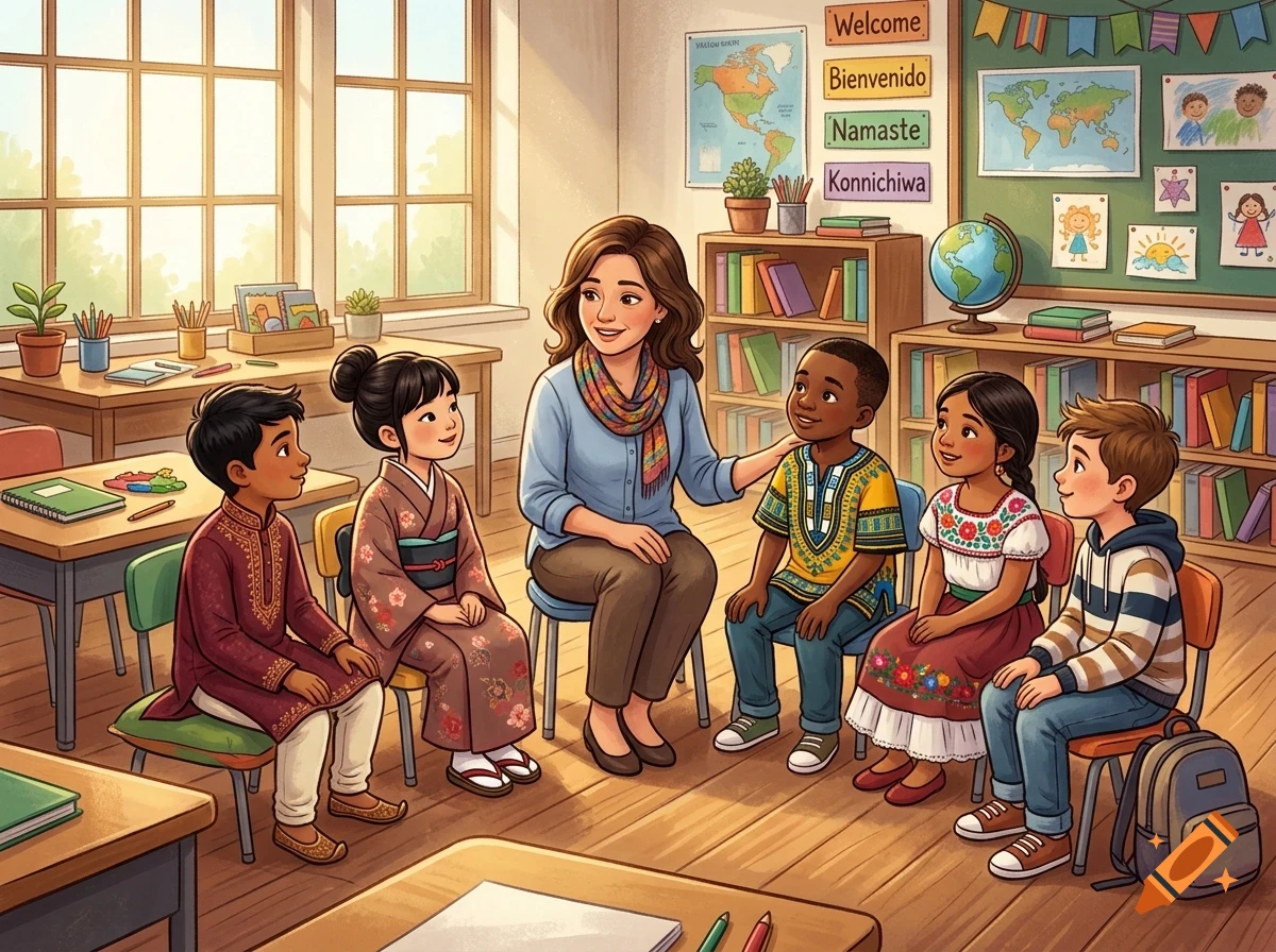 An illustrated classroom scene showing a diverse group of children and a female teacher sitting in a circle on chairs.
