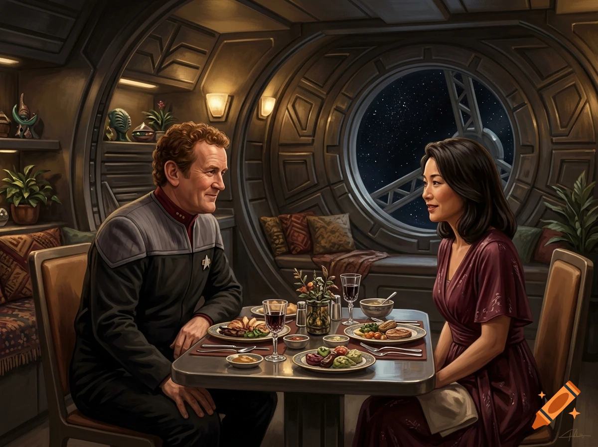 Digital painting of Miles O'Brien and Keiko O'Brien having dinner in a Deep Space Nine quarters with a large porthole showing starry space.