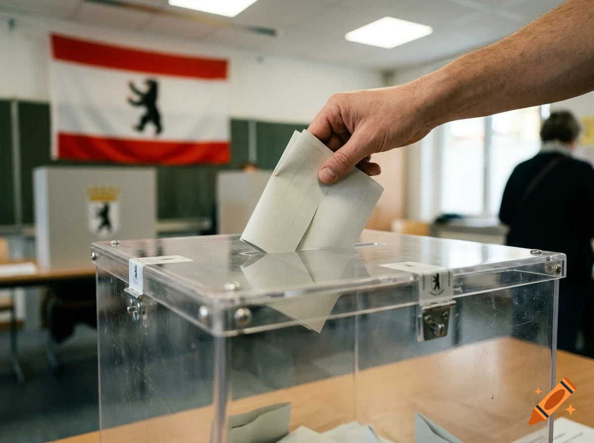 A person casting a vote by dropping an envelope into a transparent ballot box during an election.