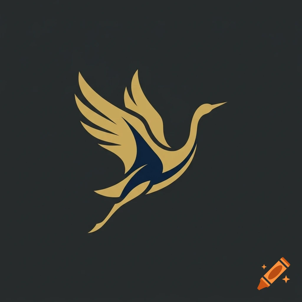 Golden stylized illustration of a crane bird in flight against a dark background.