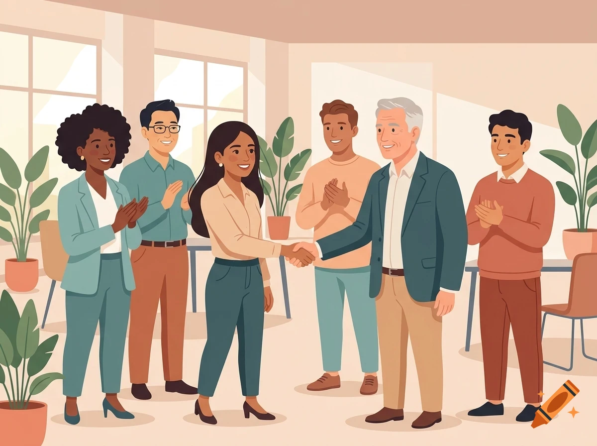 Digital illustration of a multiethnic group of people smiling and clapping as a woman and an older man shake hands in a bright office.