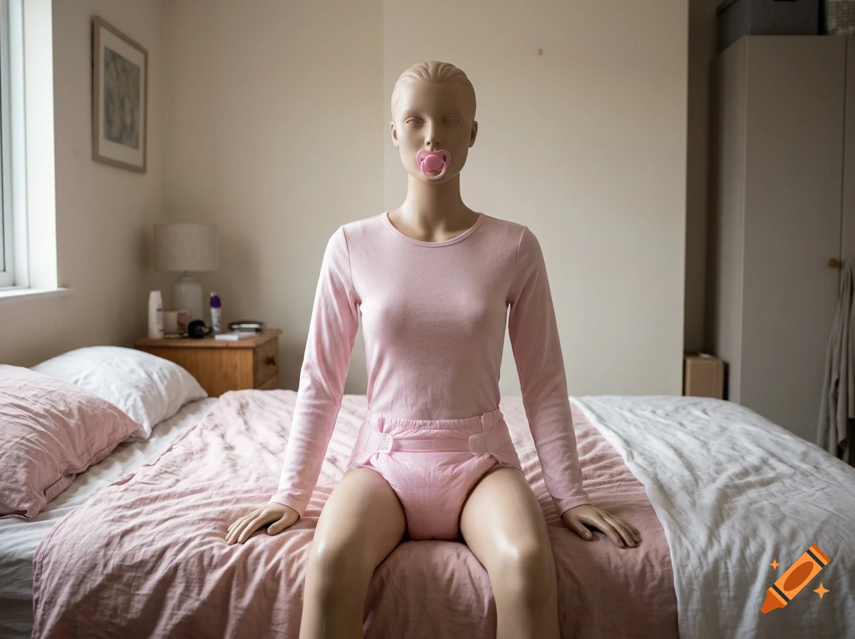 Photorealistic image of a mannequin wearing a pink long-sleeved shirt, baby diaper, and a pacifier, sitting on a bed in a bedroom.