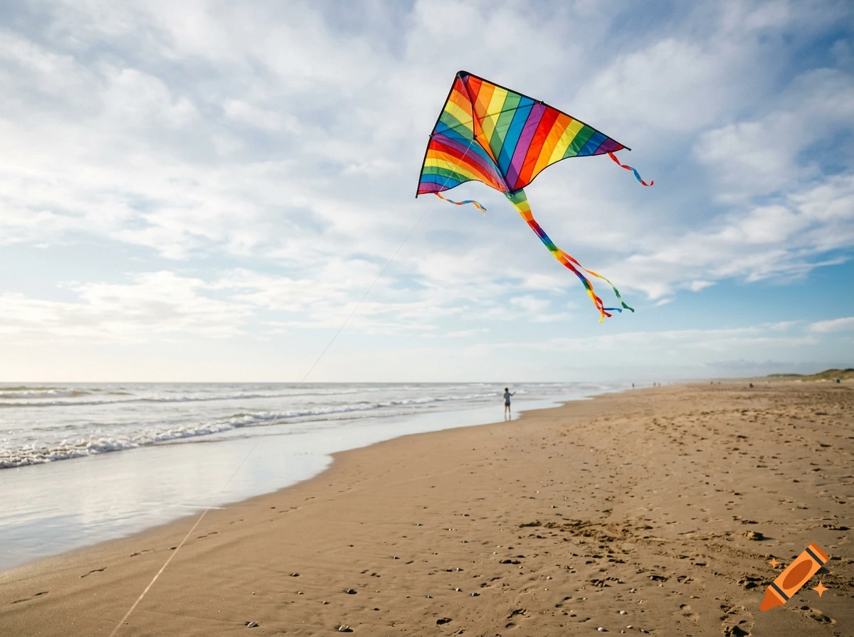 A colorful rainbow kite flying over a sandy beach with the sea and a cloudy sky in the background.