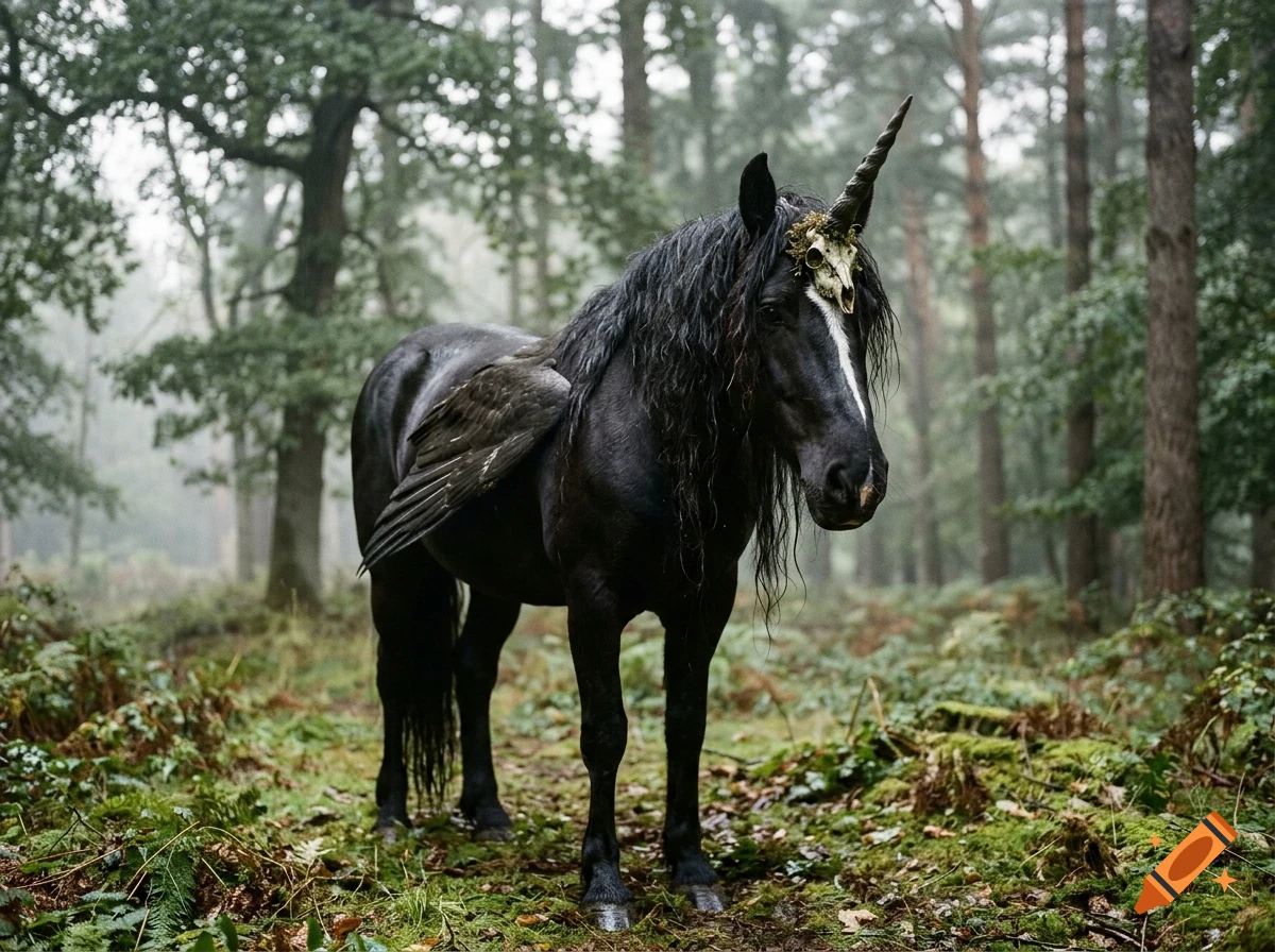 A black unicorn-pegasus hybrid standing in a misty green forest, featuring a spiral horn with a small skull ornament at its base and dark feathered wings folded against its flank.