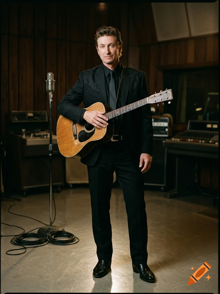 Full-length photorealistic portrait of Wayne Gretzky reimagined as Johnny Cash, standing in a recording studio holding an acoustic guitar.