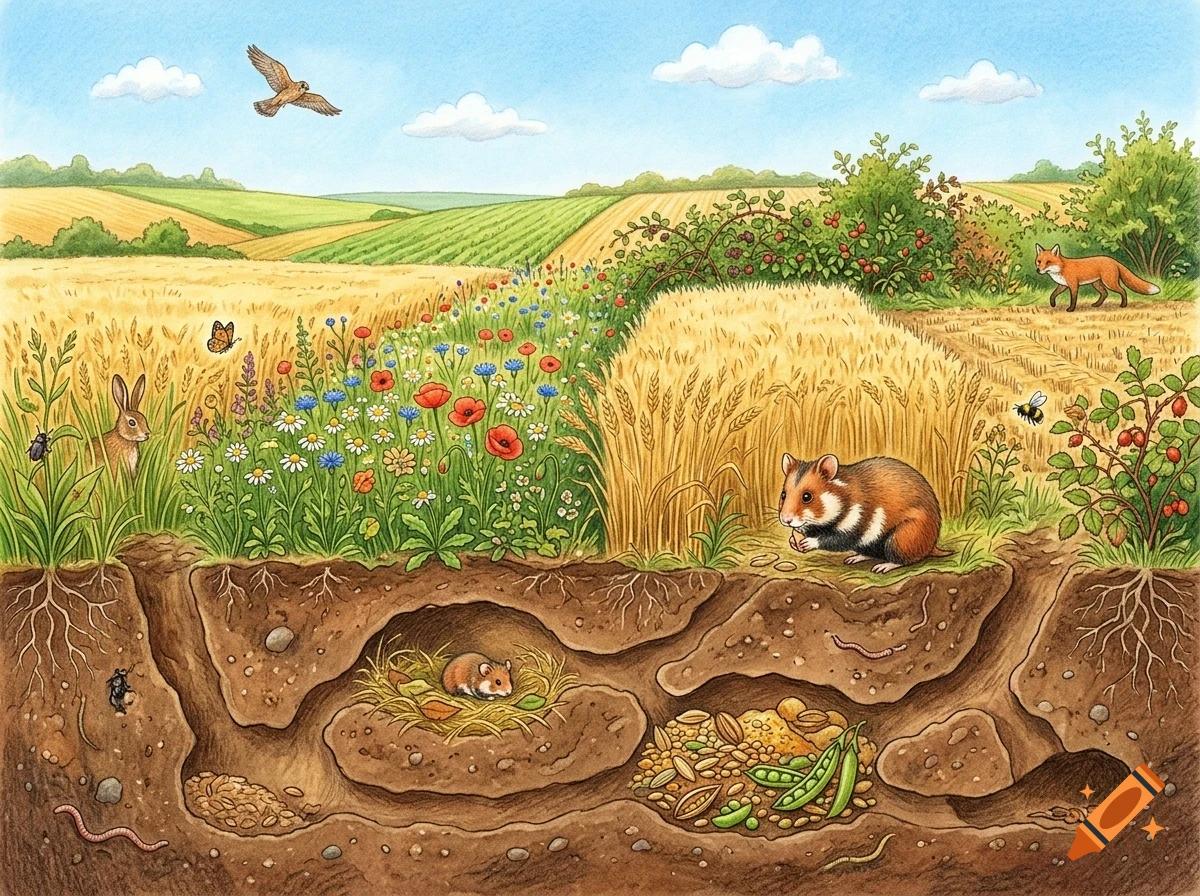 An illustrated cross-section of a field showing wildlife above ground and burrows with rodents and food stores underground.