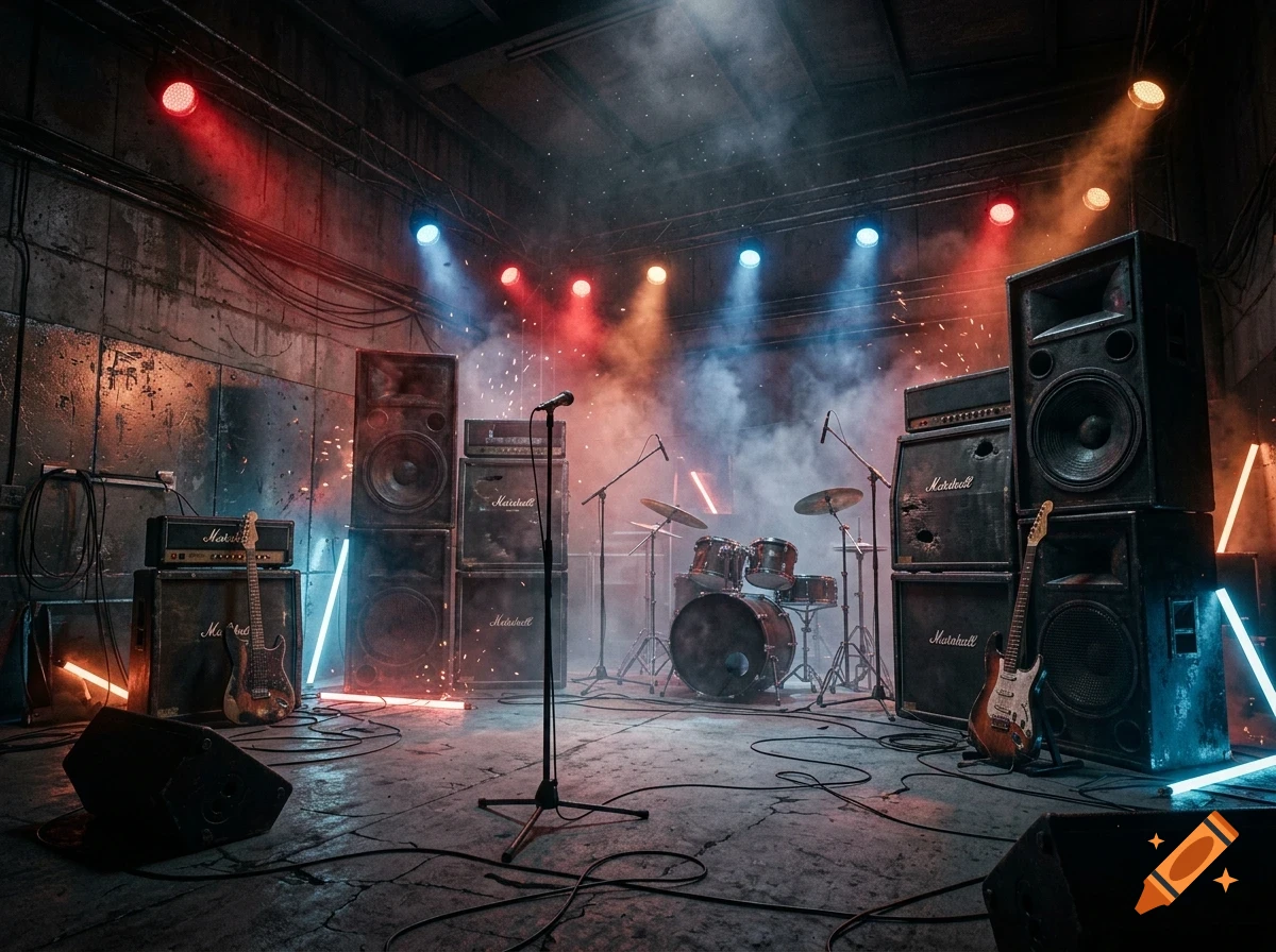 An empty stage set up for a rock concert in an industrial warehouse, featuring electric guitars, a drum kit, large amplifiers, microphones, and colorful stage lighting with smoke.