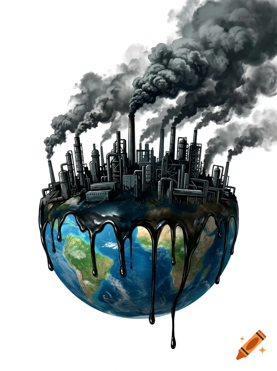 An illustration of Planet Earth covered in industrial factories, dripping with dark oil, and emitting thick clouds of black smoke into the air.