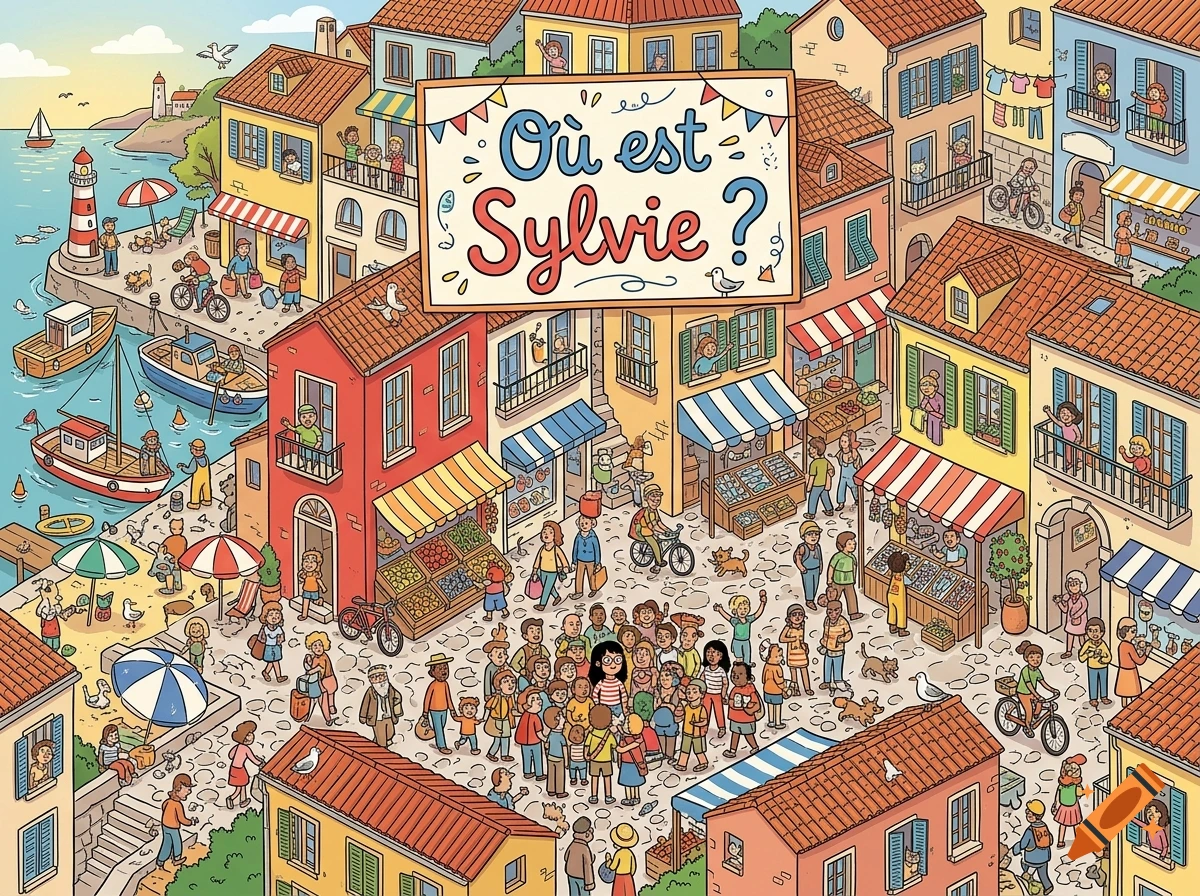 Detailed cartoon illustration of a bustling Mediterranean town scene with a large sign reading OÙ EST SYLVIE in the center, in the style of Where's Waldo.