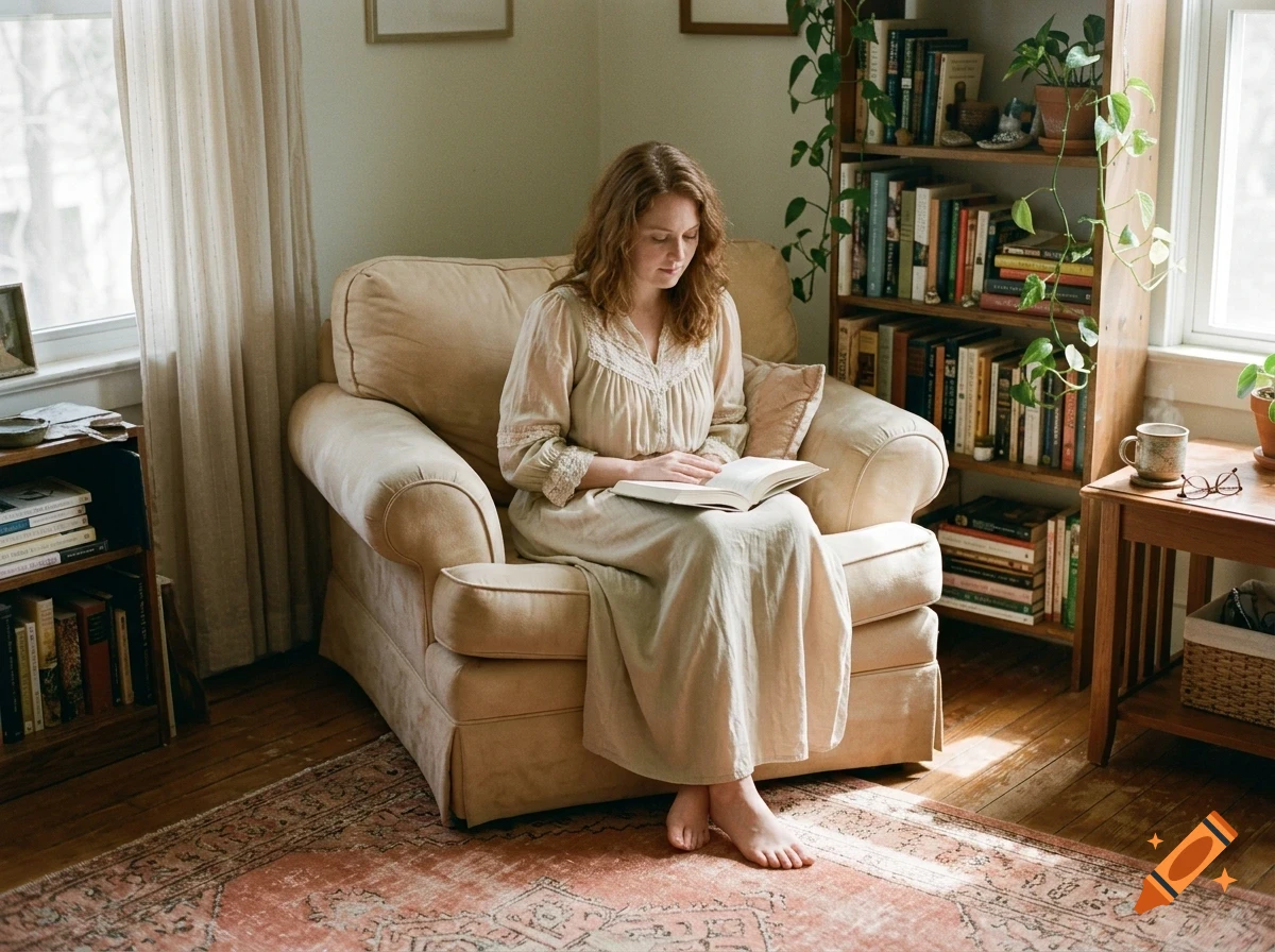 A woman with reddish-brown hair sits comfortably in a large beige armchair in a sunlit living room, reading a book.