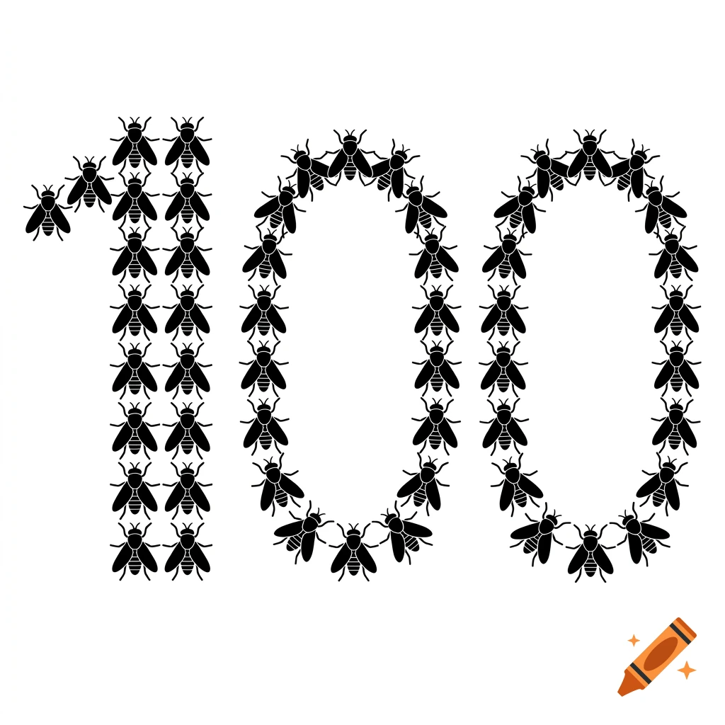 Black silhouette of the number 100 formed entirely by a swarm of flies on a white background.