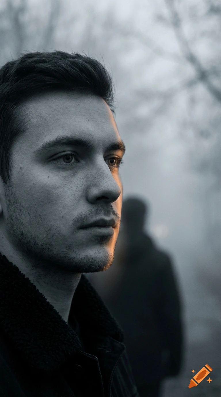 Close-up portrait of a young man with dark hair and stubble, lit by a warm light strip against a cool blue-gray foggy background.