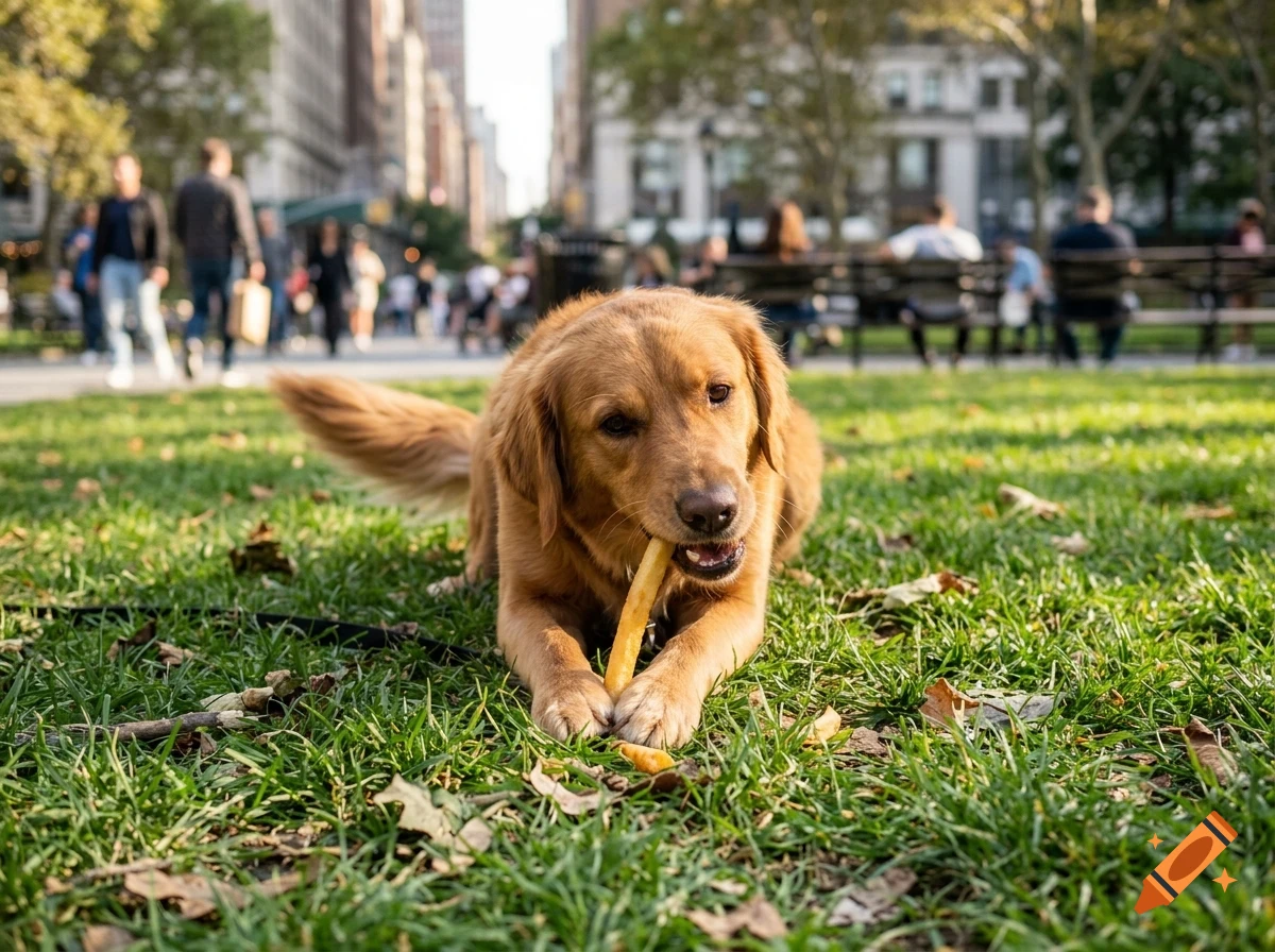 A golden dog lying on green grass in a city park chewing on a stick, with blurred people and buildings in the background.
