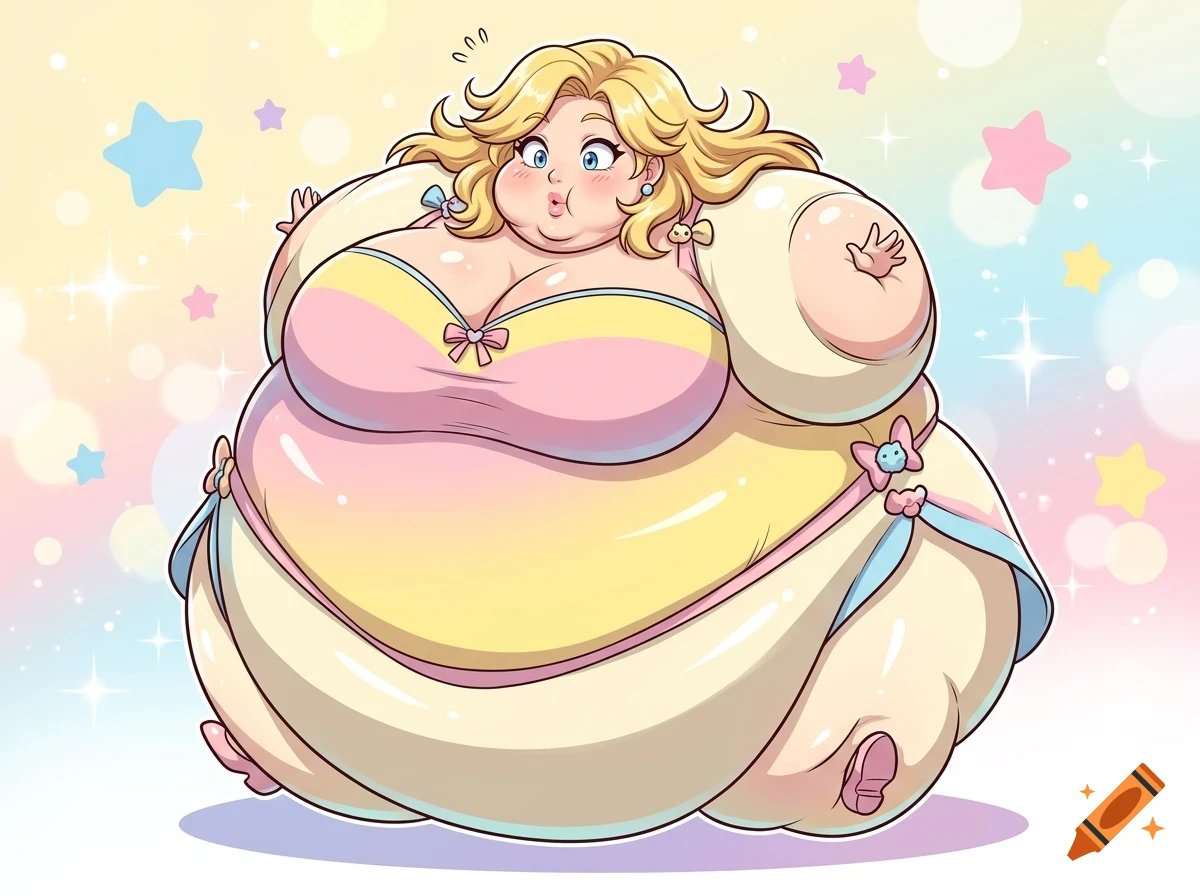 An anime-style illustration of a blonde character with exaggerated round body proportions, wearing a pastel yellow and pink outfit against a sparkly background with stars.