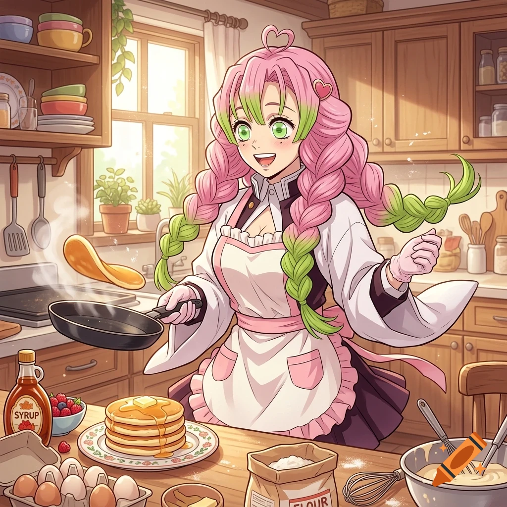 An anime-style illustration of a smiling woman with pink and green braided hair wearing an apron while cooking pancakes in a cozy kitchen.