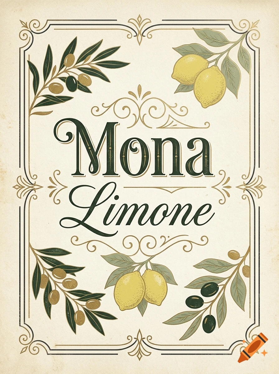 Vintage olive oil label featuring the text Mona Limone, surrounded by illustrated olive branches and lemons.