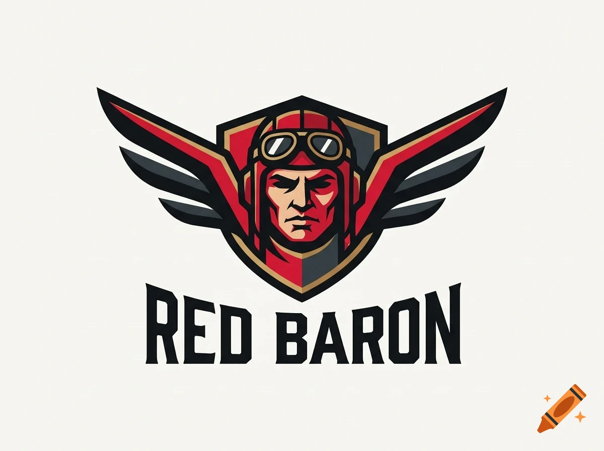 A stylized mascot logo featuring a pilot with a red helmet and goggles inside a shield flanked by wings, with the text 'RED BARON' below.
