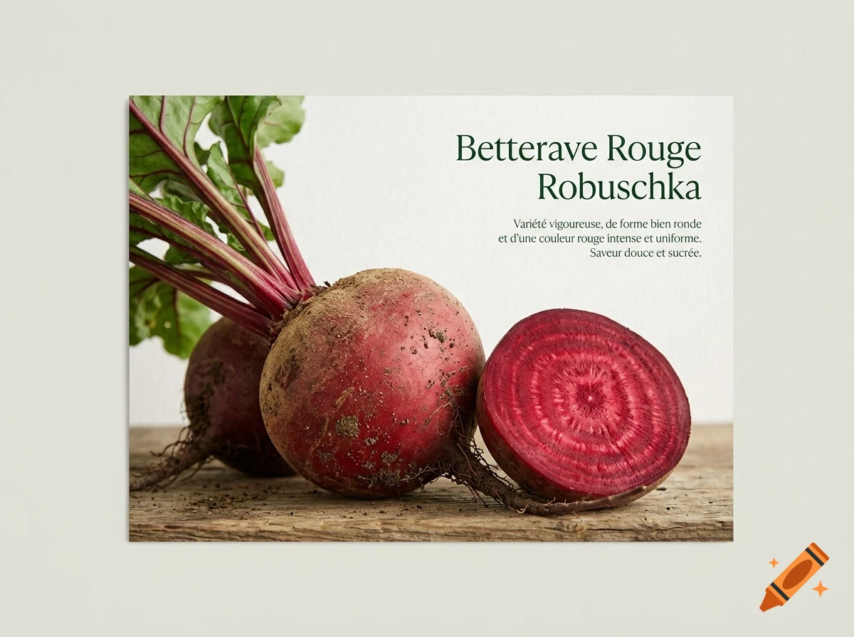 Whole and sliced red beetroots with green leafy tops resting on a wooden surface against a white background, accompanied by French text.