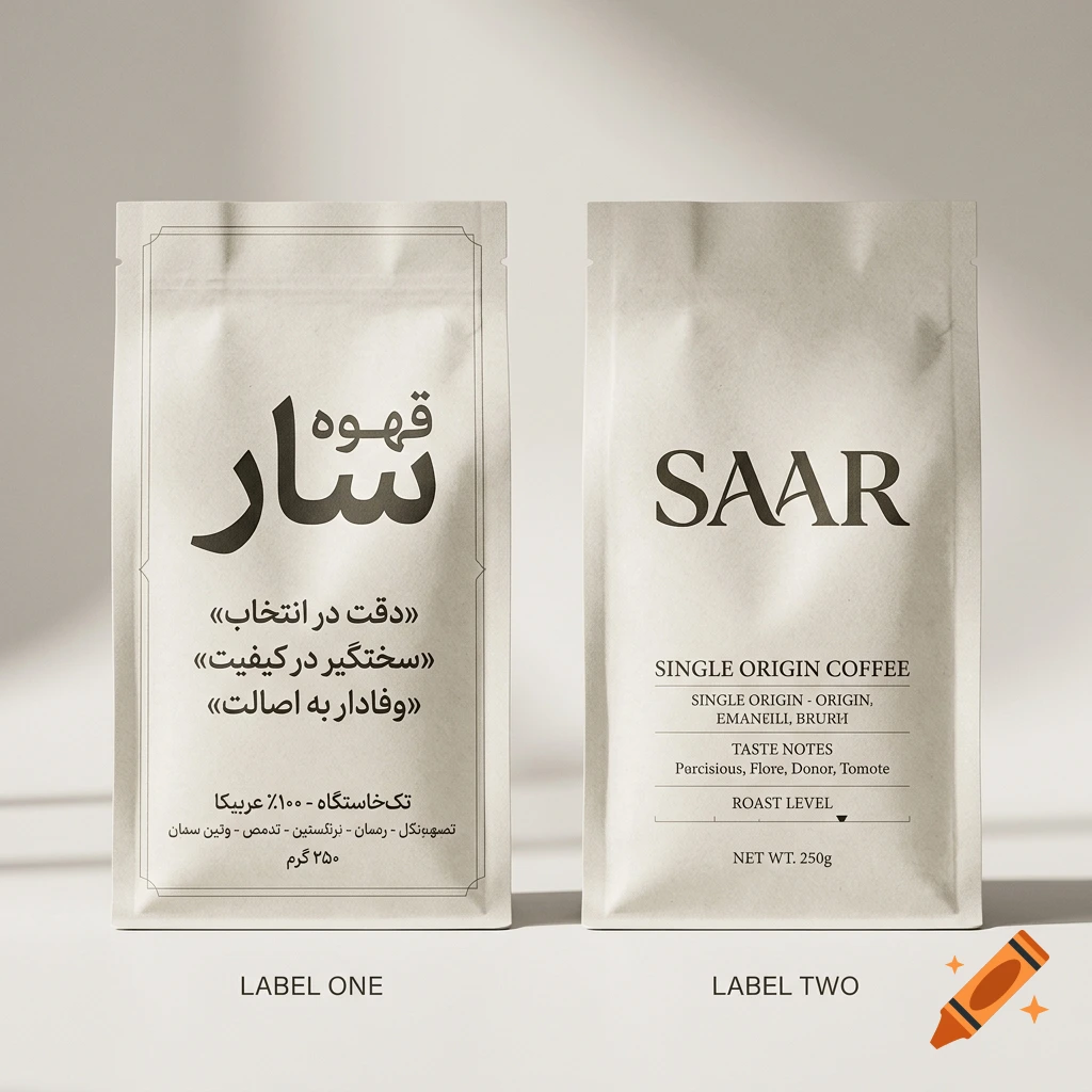 Product photograph of two beige specialty coffee bags with Persian and English labels.