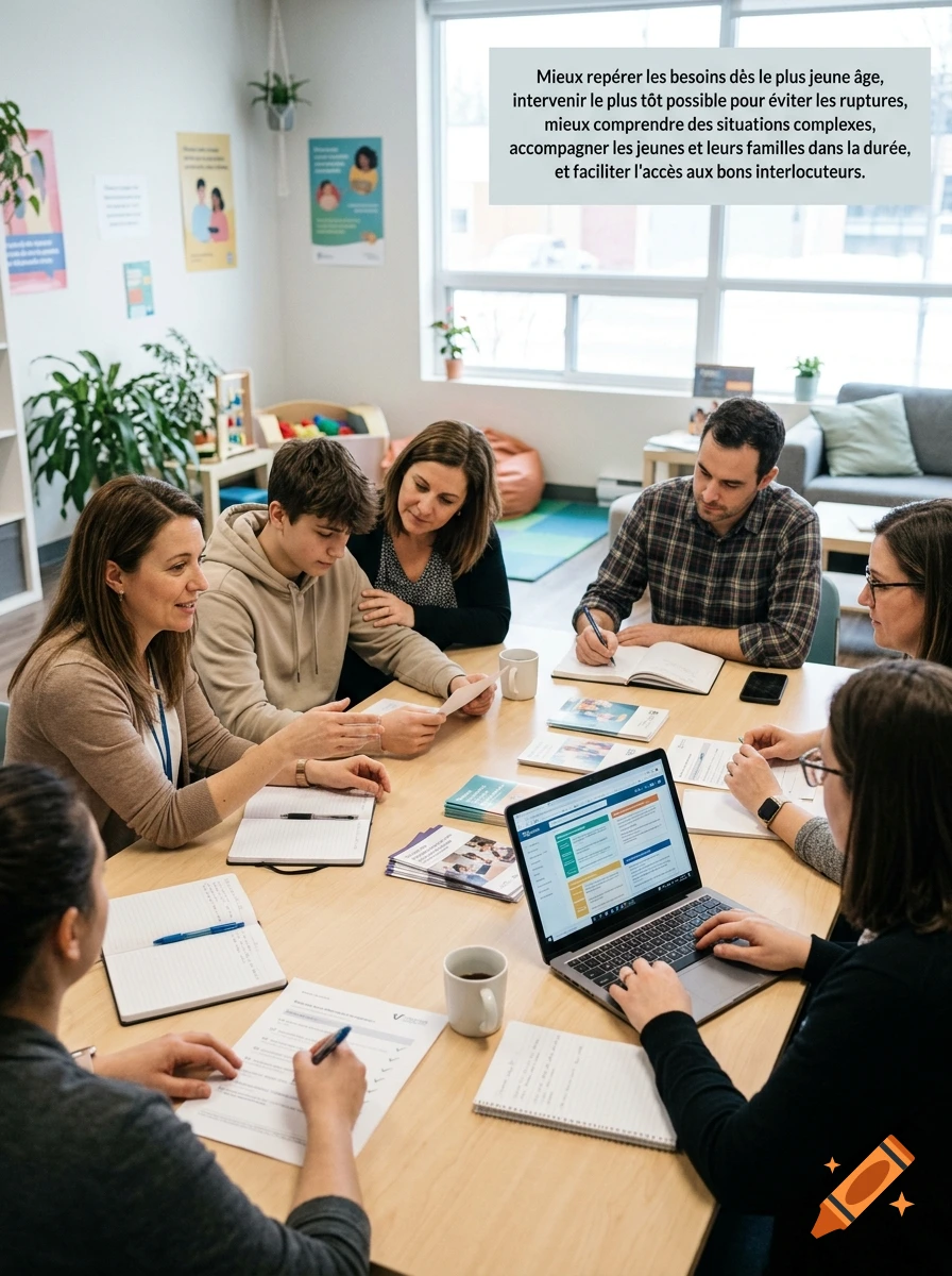 Photorealistic scene of a diverse group of people collaborating and working around a wooden conference table in a bright office.