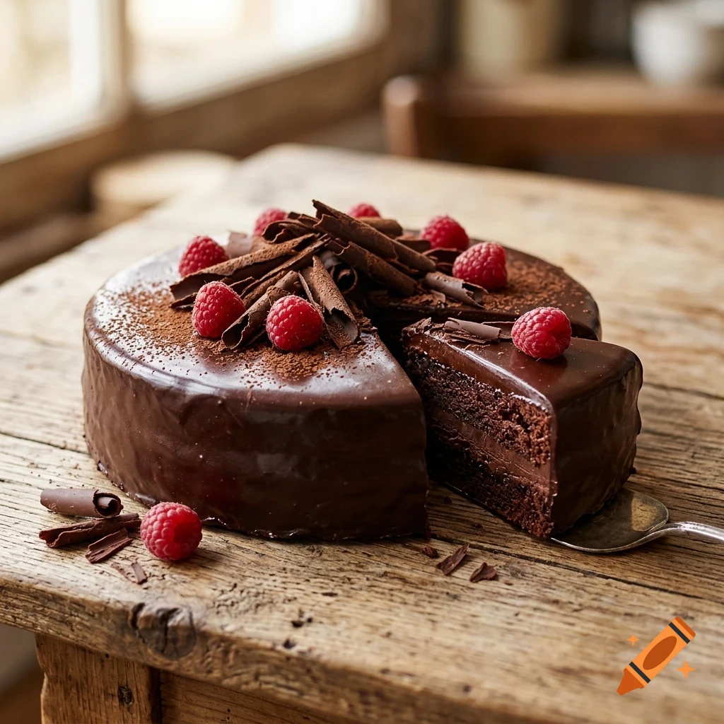 A rich chocolate layer cake with chocolate glaze, chocolate curls, and fresh raspberries, sitting on a rustic wooden table with a slice being served.