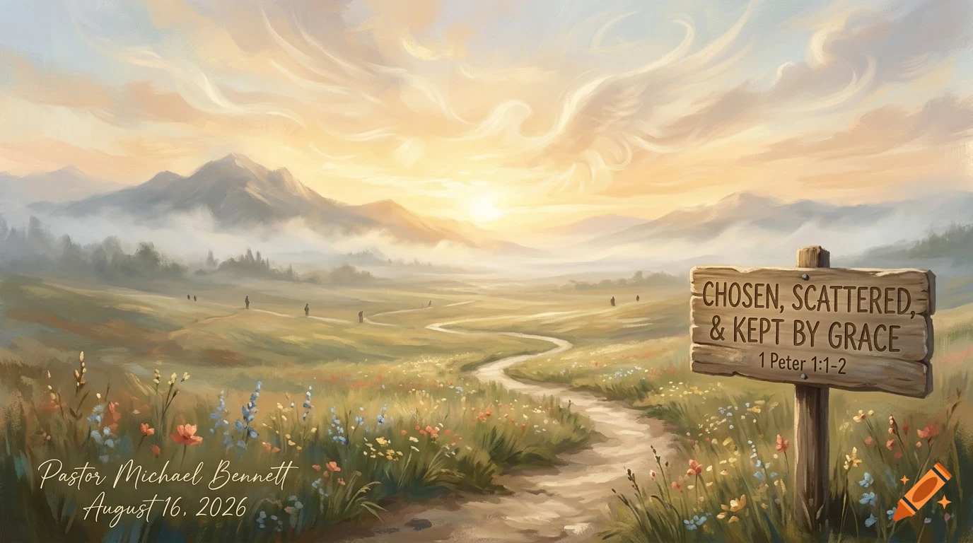 A painted landscape scene featuring a winding dirt path through a grassy meadow with wildflowers, mountains in the distance, a wooden sign on the right, and a bright sunrise sky.