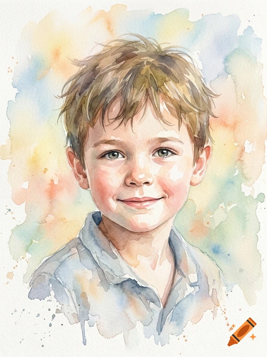 A watercolor portrait of a young boy smiling gently against a colorful, softly blended background.