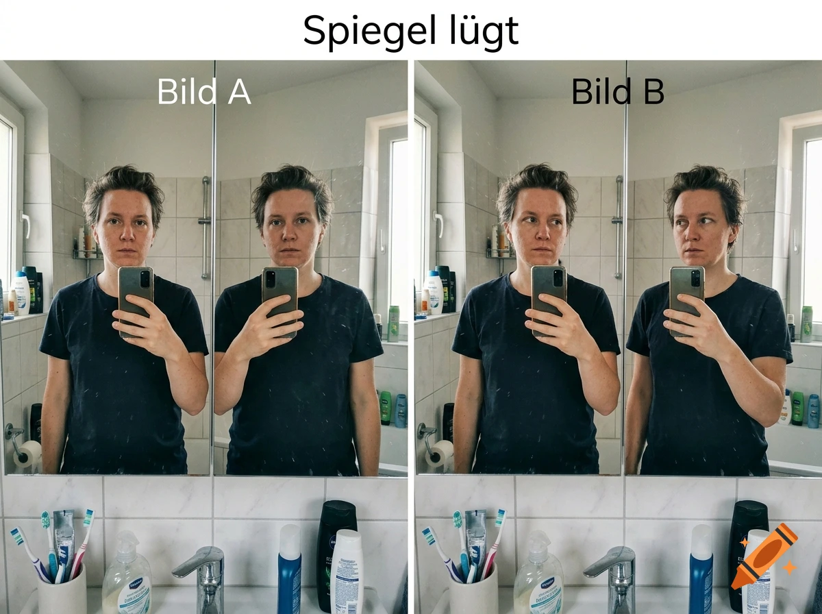 Photorealistic side-by-side comparison of a person in a bathroom mirror showing a reflection paradox.
