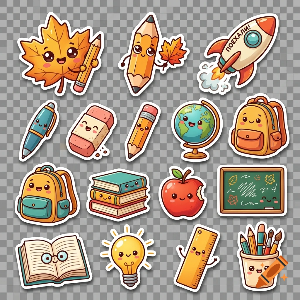 Cute cartoon school supply stickers with smiley faces on a transparent background.