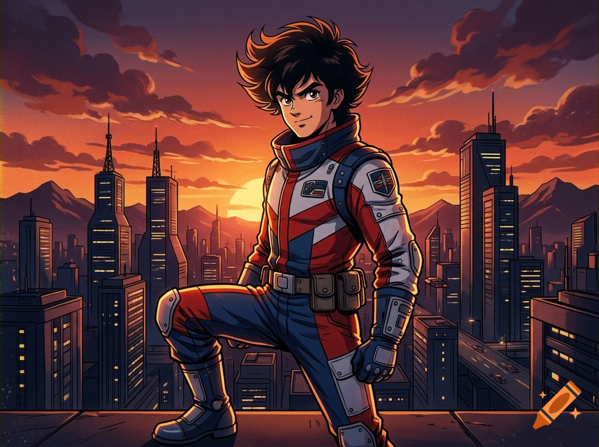 Anime style illustration of a heroic male character in a jumpsuit posing on a rooftop against a futuristic city and sunset sky.