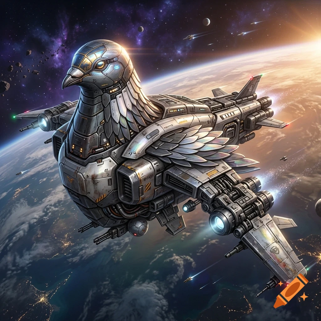 A large robotic pigeon spacecraft flies in Earth orbit with a nebula and sunlit planet in the background.