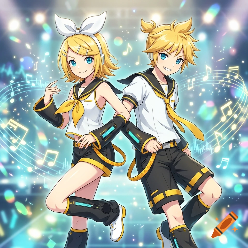 Anime illustration of Kagamine Rin and Len posing dynamically amidst musical notes and stage lights.