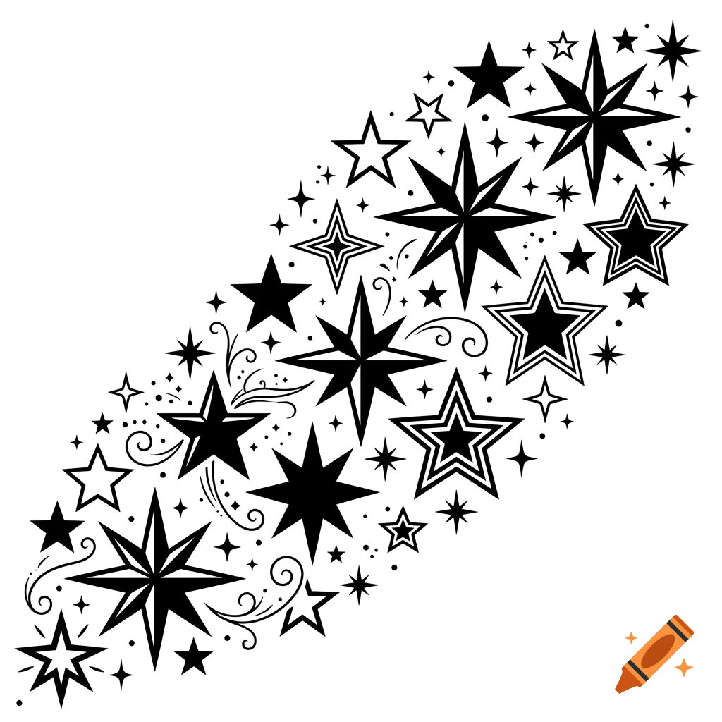Black and white design of various star shapes and swirls arranged in a diagonal sweep.