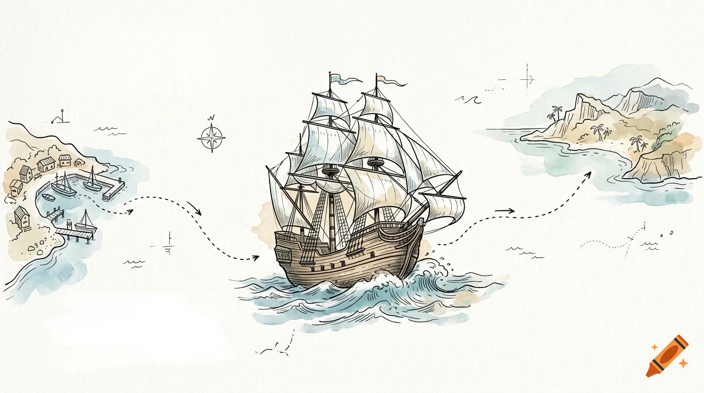 An illustration of a large sailing ship on a map with dotted lines showing a route between a coastal town and an island.