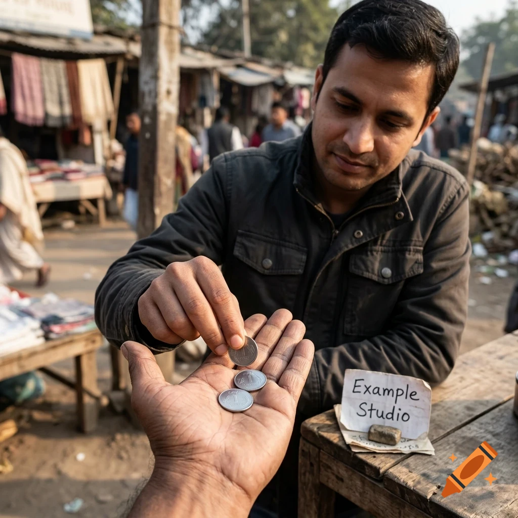 A man in a dark jacket hands coins to another person at an outdoor market stall, with a sign reading 'Example Studio' on a wooden table.