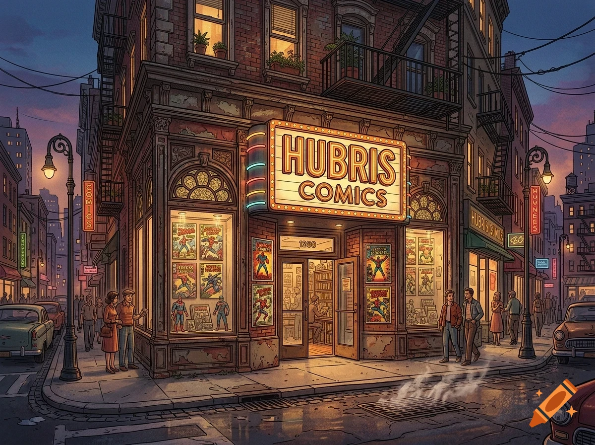 An illustrated street-level view of 'Hubris Comics' storefront at dusk, with glowing signs, large display windows showing comic books, and pedestrians walking past.