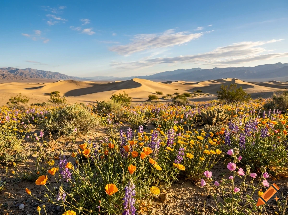 A desert landscape featuring a vibrant bloom of yellow and purple wildflowers in the foreground, with rolling sand dunes and distant mountains under a blue sky.
