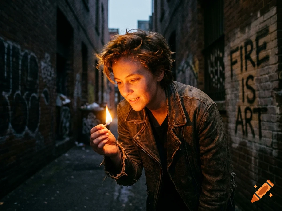 A person in a leather jacket holds a burning matchstick in a dark alleyway with brick walls.