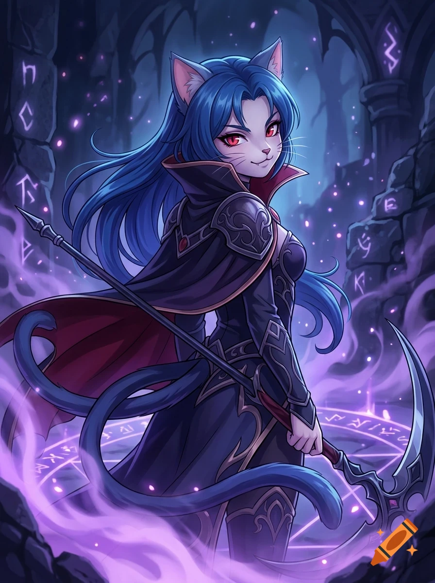 An anime-style illustration of a feline humanoid woman with blue hair and red eyes holding a scythe inside a dark chamber with glowing purple runes.